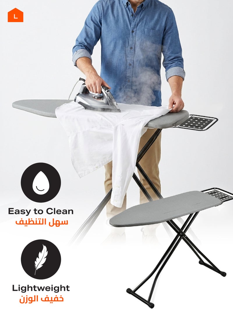 لوازم طاولة كي مع حامل للمكواة - مقاس 13×43 إنش - سطح مبطن ومقاوم للحرارة - هيكل خفيف باللون الأسود مع غطاء رمادي - مناسبة للمساحات الصغيرة والشقق وغرف الغسيل والخزائن - Image 4